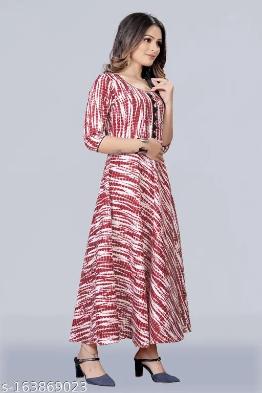 Cotton blend triangular neck long kurta, dyed/washed leheriya print, three-quarter sleeves, XXS, Indian ethnic wear