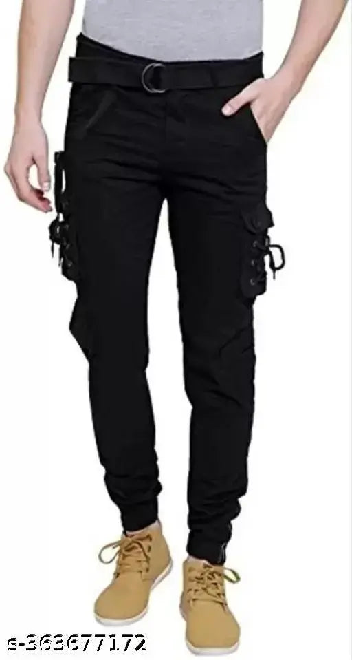 Men's black cotton-blend cargo pants, solid pattern, perfect for any occasion. Size 28, 30, 32, 34, or 36 (28: waist 28in, length 40in; 30, 32, 34, 36: waist 30-36in, length 41in). Made in India