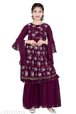 Georgette girls kurta set with sharara, printed pattern, three-quarter sleeves, India