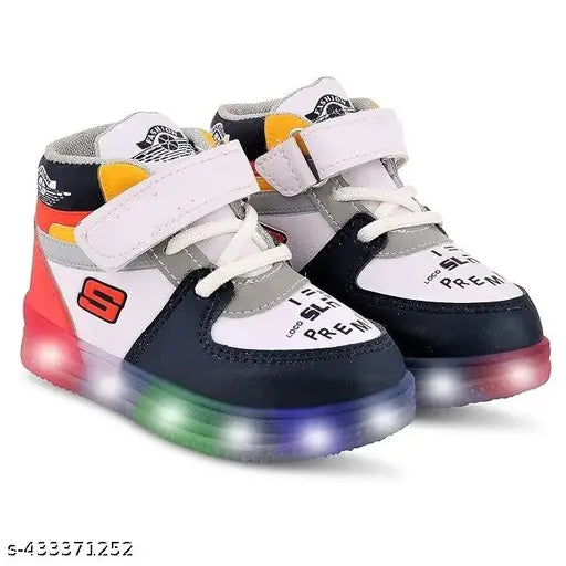 White synthetic leather and rubber waterproof LED light shoes for kids, comfortable, ideal for school days