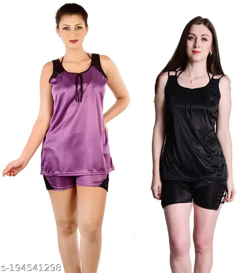 PurpleBlack satin combo top & shorts set, comfortable and chic women's sleepwear by Dream Night