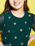 Green Georgette Embroidered Net Maxi Dress with Long Sleeves, Bottle Green color, Indian origin