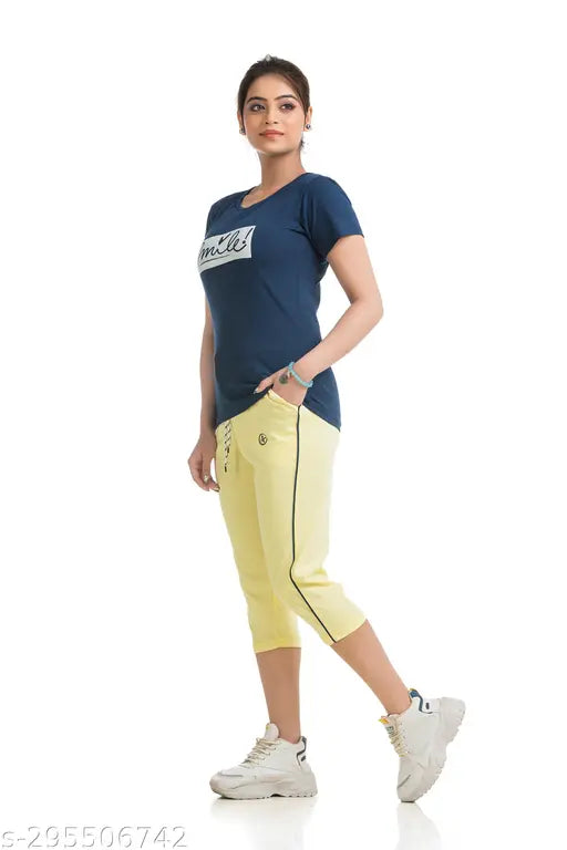 Women's & Girls Cotton Blended Top & Capri Set, soft stretchable and breathable, solid color with slim fit and mid-rise, perfect for casual wear or active pursuits like cycling, gym, jogging, running, yoga, stretching, fitness, badminton, golf, daily wear, special occasions. Made in India for everyday use