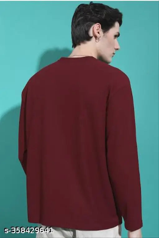Oversized cotton maroon printed long sleeves t-shirt, funky winter wear for men and women