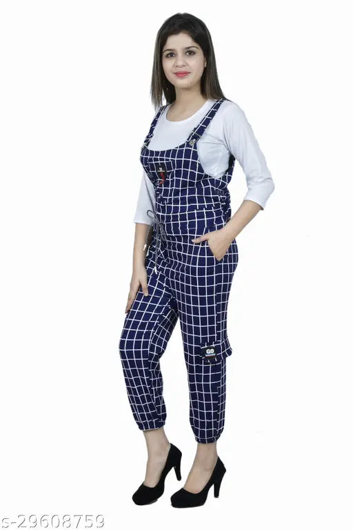 Blue cotton blend checked dungaree dress with three-quarter sleeves and white top, distressed look, stretchable lycra, trendy women's fashion, India origin