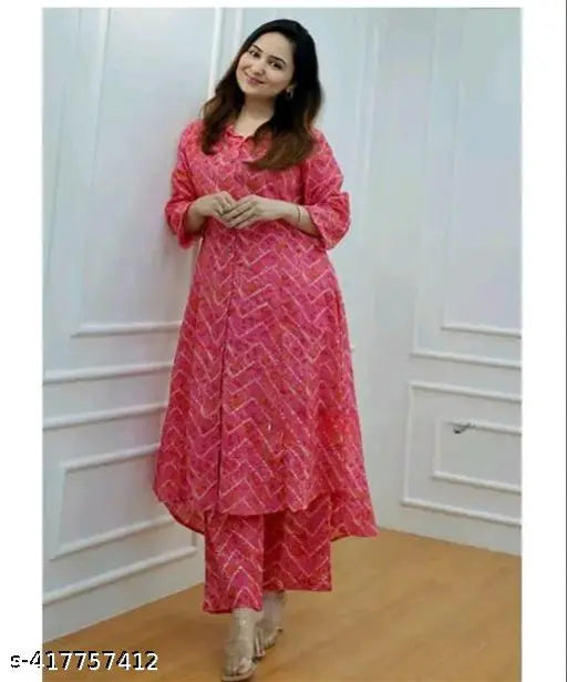 Pink rayon Anarkali A-Line printed heavy kurta set, three-quarter sleeves for women's functions, India