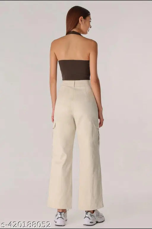 Cream cotton cargo four-pocket pants for women, high waist straight fit denim jeans with flared full length, non-stretchable material, available in sizes S-XXL