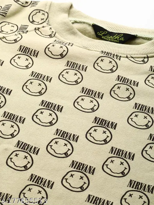 Lime green cotton blend sweatshirt for women, long sleeves with printed pattern on front view