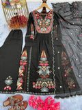 Georgette party wear top & dupatta set, heavy faux embroidered Palazzo & dupatta in three-quarter sleeves, India origin
