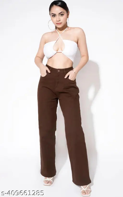 Brown straight fit denim jeans with applique net detailing, high-quality denim blend, versatile wardrobe staple for women. Made in India