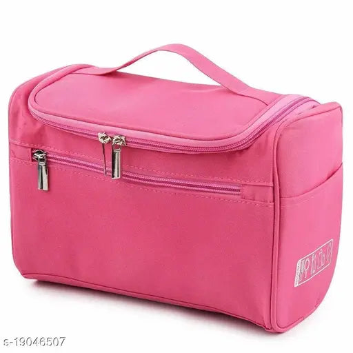 Polyester net travel toiletry case, organizer for men and women's makeup and grooming essentials, hanging storage bag with hook