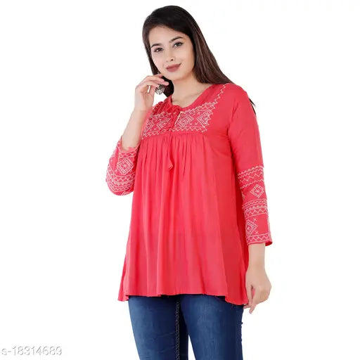 Multicolor dots printed satin crepe top for women, trendy fashion item featuring embroidered net sleeves, size L from India