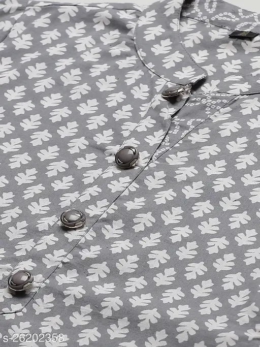 Grey cotton printed kurta set with palazzo, three-quarter sleeves, Mandarin collar, straight fit - Indian women's fashion in soft colors