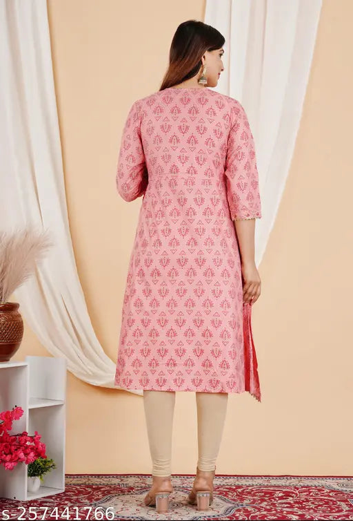 Rayon printed women's kurti, three-quarter sleeves, vibrant Indian pattern. M (38in bust), L (40in bust), XL (42in bust), XXL (44in bust)