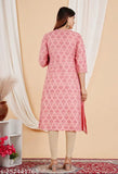 Rayon printed women's kurti, three-quarter sleeves, vibrant Indian pattern. M (38in bust), L (40in bust), XL (42in bust), XXL (44in bust)