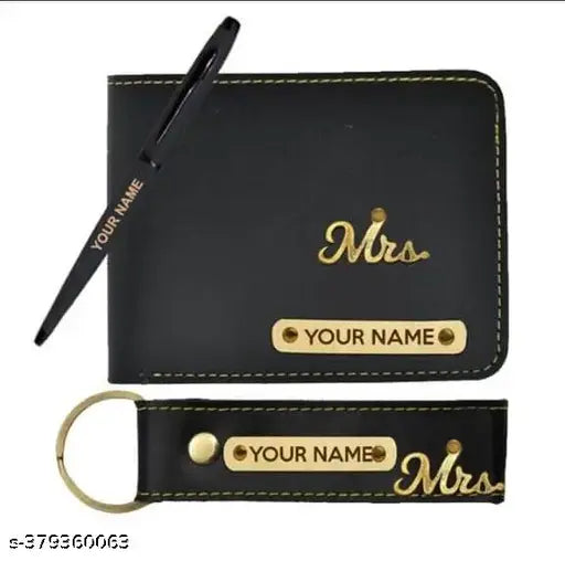 Faux leather wallet combo set with keychain and engraved pen, personalized gifting for men - Solid printed design, perfect for birthdays, anniversaries, or any special occasion. Made in India