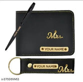 Faux leather wallet combo set with keychain and engraved pen, personalized gifting for men - Solid printed design, perfect for birthdays, anniversaries, or any special occasion. Made in India