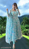 Premium sky blue georgette gown with floral printed dupatta, perfect for women and girls parties