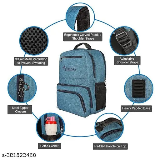 Durable water-resistant polyester laptop backpack, fits 15.6" laptops & notebooks, features multiple pockets & adjustable padded shoulder straps, blue design with smooth zippers, ideal for office/school use, travel backpack