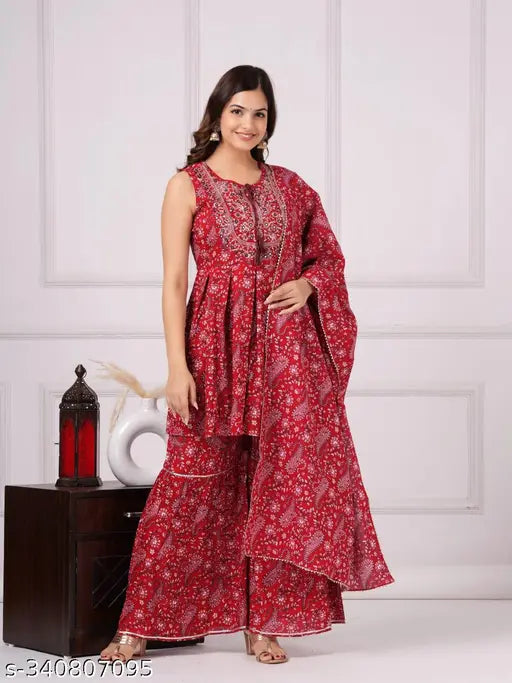 Sensational women's rayon kurta set with dupatta and bottomwear, printed sleeveless, India-made size S, L, XL, XXL