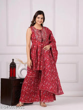 Sensational women's rayon kurta set with dupatta and bottomwear, printed sleeveless, India-made size S, L, XL, XXL