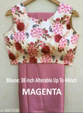 Magenta satin silk saree with stitched blouse, solid pattern and printed net details, free size, Indian origin