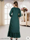 Green rayon embellished kurta with bottomwear, three-quarter sleeves, Indian fashion on mannequin