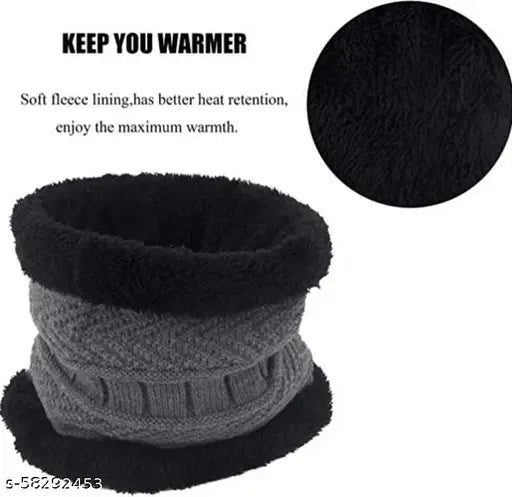 Wool beanie cap combo & scarf (2 pairs), self-design, warm fur lining - high-quality soft touch woolen winter set