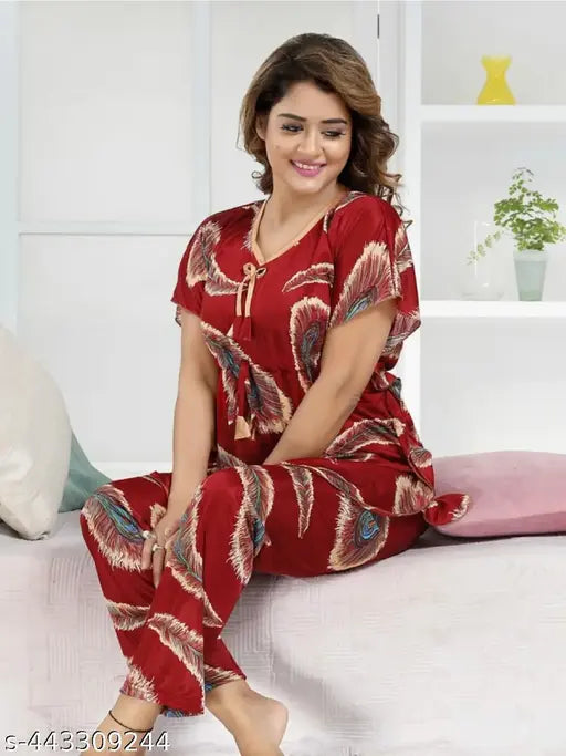 Maroon satin kaftan-style pyjama set with all-over print, luxury sleepwear for women from India