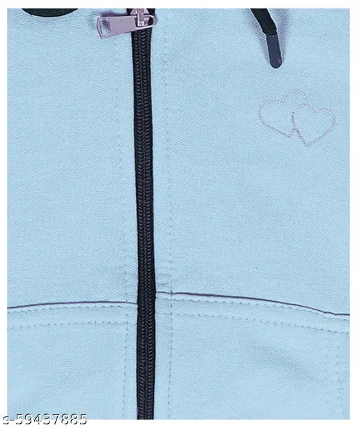 Blue fleece sweatshirt for girls, cotton blend, solid pattern, warm & cozy winter wear. Girl modeling on snowy day