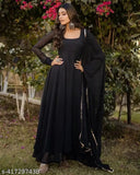 Women's black georgette gown with dupatta set, solid pattern, long sleeves, maxi length, full-stitched, India origin