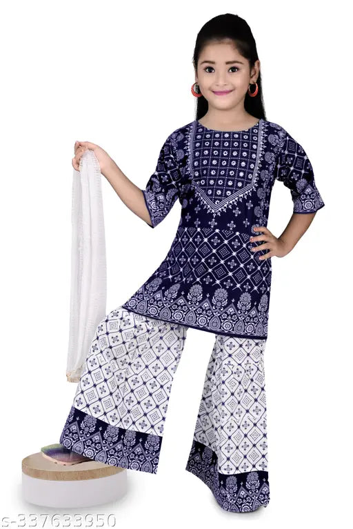 Rayon ethnic kurta Sarara set with dupatta for girls, printed long sleeve, India origin