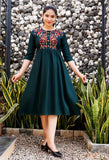 Dark Green Embroidered Rayon Anarkali Kurta for Women - Indian ethnic wear with embroidery detail, three-quarter sleeves