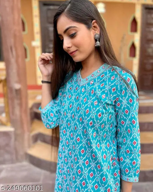 Sky Cotton Kurta Set with printed net palazzos, three-quarter sleeves cotton fabric for women, single set size XL or XXL, made in India