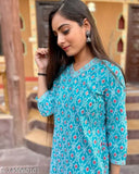 Sky Cotton Kurta Set with printed net palazzos, three-quarter sleeves cotton fabric for women, single set size XL or XXL, made in India