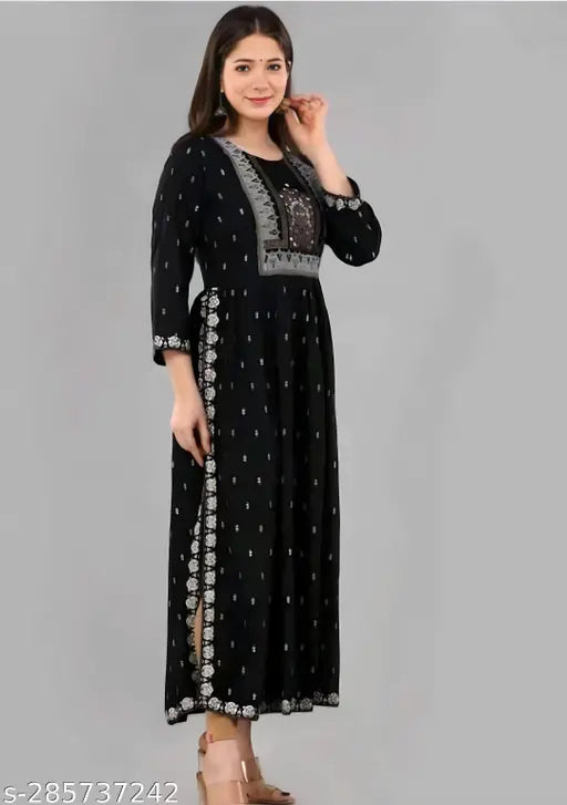 Embroidered rayon black kurti with beads and stone work - India, long sleeves, Naira cut