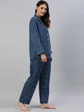 Divena blue printed nightsuit, cotton top and bottom for women's sleepwear, long sleeves, size chart included