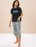 Essenza ladies capri set, cotton capr sleeve top & pyjama bottoms, printed pattern, 2-piece set in various sizes (S-XXL), 100% cotton made in India