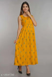 Yellow rayon sleeveless angarkha print kurti for women, vibrant Indian fashion