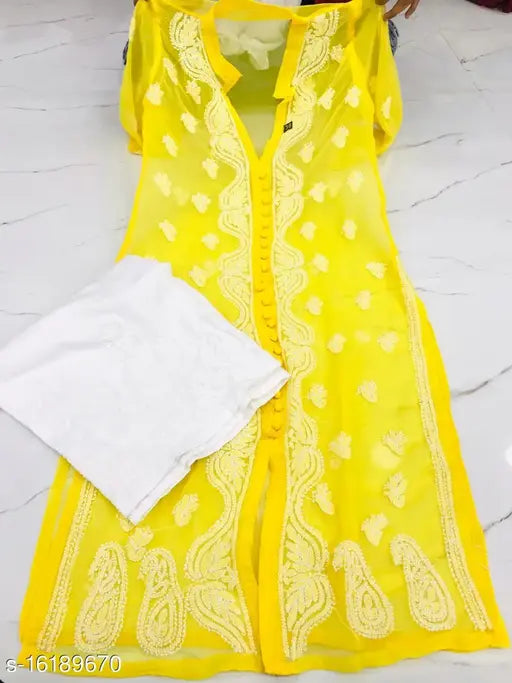 Georgette white Chikankari palazzo kurta set, cotton bottoms, Indian women's fashion