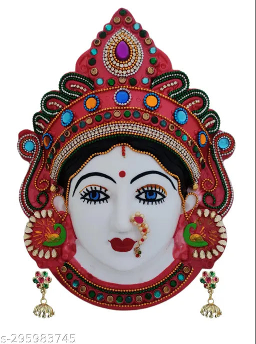 Red plastic Goddess Mahalakshmi Mata figurine, approximately 20cm tall and 16.5cm wide, depicting the face of Laxmi for home or office decoration or worship during Marghshish month or any time
