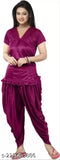 Purple satin Patiala night suit with short sleeves and lace detail, designed for comfortable and stylish sleepwear. Indian origin