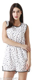 White-yellow striped crepe sleeveless short jumpsuit for women, stylish and elastic waist. Perfect for festive occasions or everyday wear. Made in India
