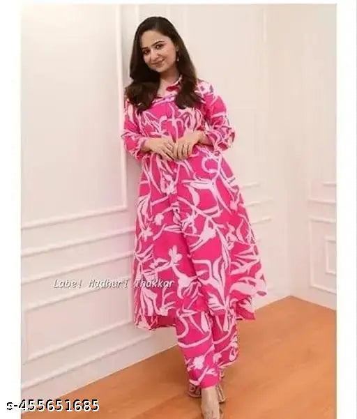 Rayon printed straight kurta and pants set for women with three-quarter sleeves, available in sizes S-XXXL. Indian-made traditional outfit for couples