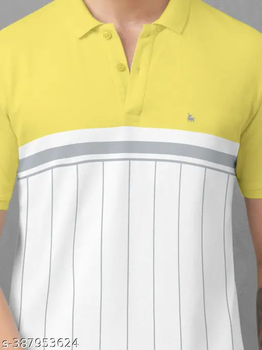 Yellow cotton blend trendy colorblock polo t-shirt for men by BULLMER, featuring graphic printed collar and short sleeves. Available in sizes S-5XL