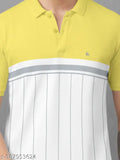Yellow cotton blend trendy colorblock polo t-shirt for men by BULLMER, featuring graphic printed collar and short sleeves. Available in sizes S-5XL