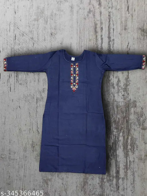 Woolen embroidered three-quarter sleeve winter kurti for women, featuring intricate designs. Made in India." (124 characters)