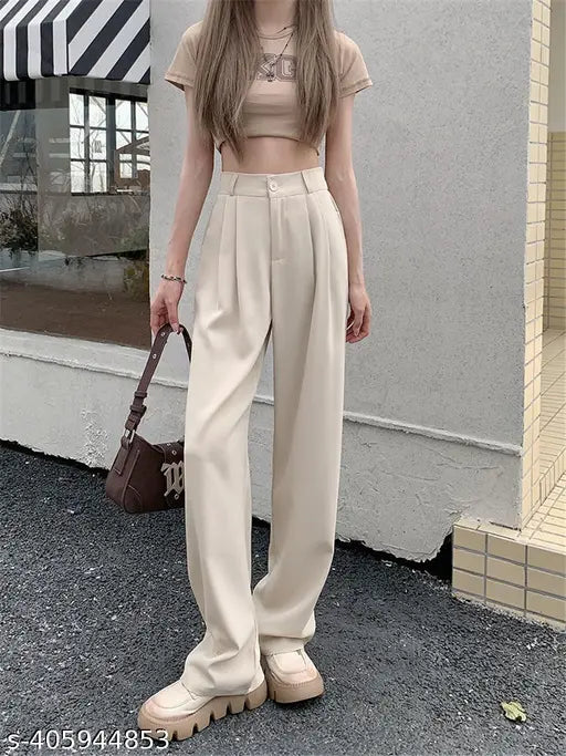 Beige cotton blend wide-leg trousers for office wear, perfect for professional attire