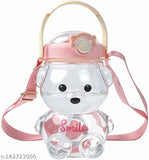 Transparent smile bear BPA-free kids sipper bottle, 1000ml with adjustable shoulder strap and leak-proof design for travel