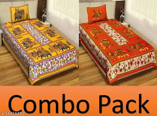 Fine cotton single bed sheet combo pack, Jaipuri pattern with 2 pillow covers, ideal for adult beds, made in India (180 thread count, 2-pack)